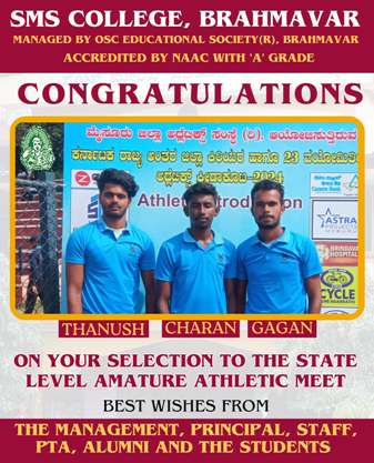 Selection to the State Level Amature Athletic Meet – S. M. S College, Brahmavar