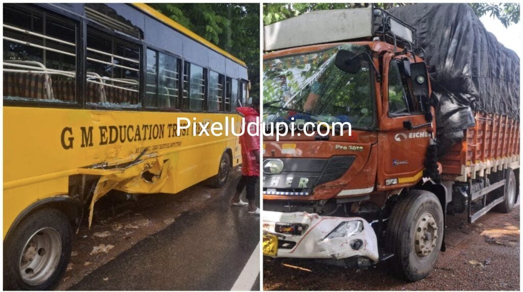 ಶಾಲಾ ಬಸ್ಸಿಗೆ ಹಿಂಬದಿಯಿಂದ ಈಚಾರ್ ಲಾರಿ ಡಿಕ್ಕಿ-