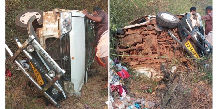 ಚಾಲಕನ ನಿಯಂತ್ರಣ ತಪ್ಪಿಕಾರು ಪಲ್ಟಿ: ನಾಲ್ವರುಗಂಭೀರ: ಕಾರು ಜಖಂ