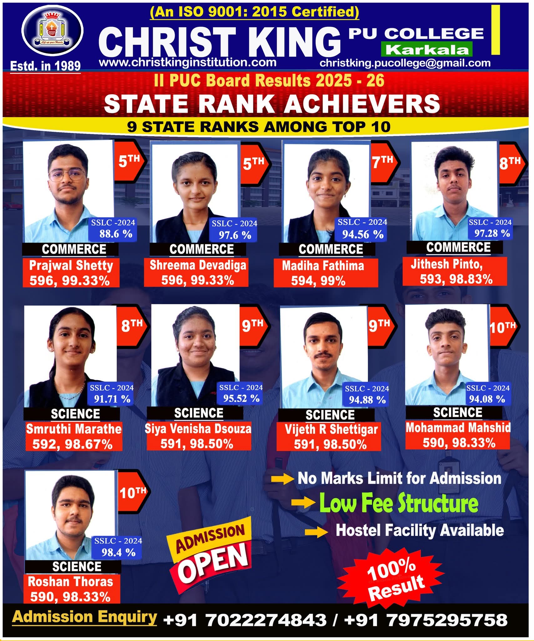 ಕಾರ್ಕಳದ ಕ್ರೈಸ್ಟ್ ಕಿಂಗ್ ಪದವಿಪೂರ್ವ ಕಾಲೇಜು (Christ King PU College) 2026ರ ಪಿಯುಸಿ ಫಲಿತಾಂಶದಲ್ಲಿ ಭರ್ಜರಿ ಸಾಧನೆ ಮಾಡಿದೆ