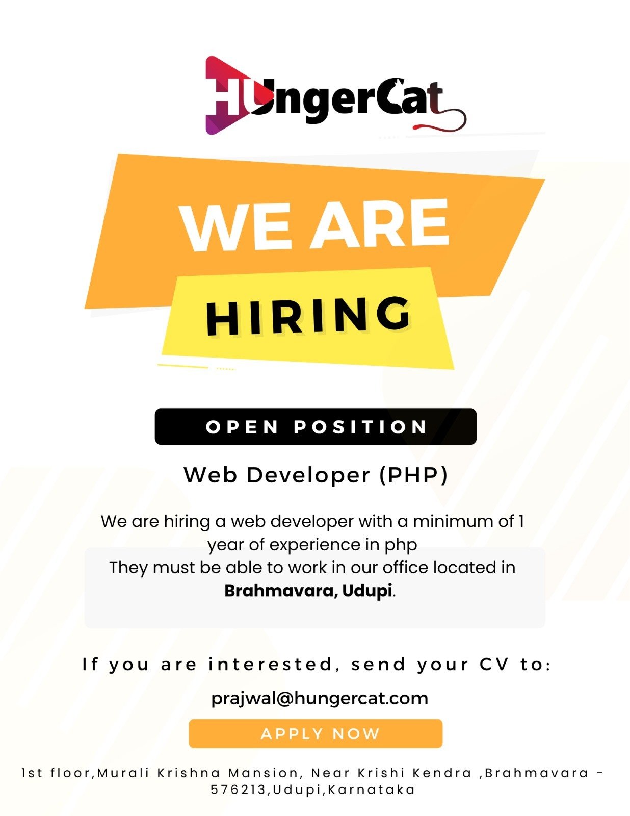ಬ್ರಹ್ಮಾವರದ Hungercat Ventures Private Limited ಸಂಸ್ಥೆಯಲ್ಲಿ PHP Web Developer ಹುದ್ದೆಗೆ ತಕ್ಷಣದ ನೇಮಕಾತಿ